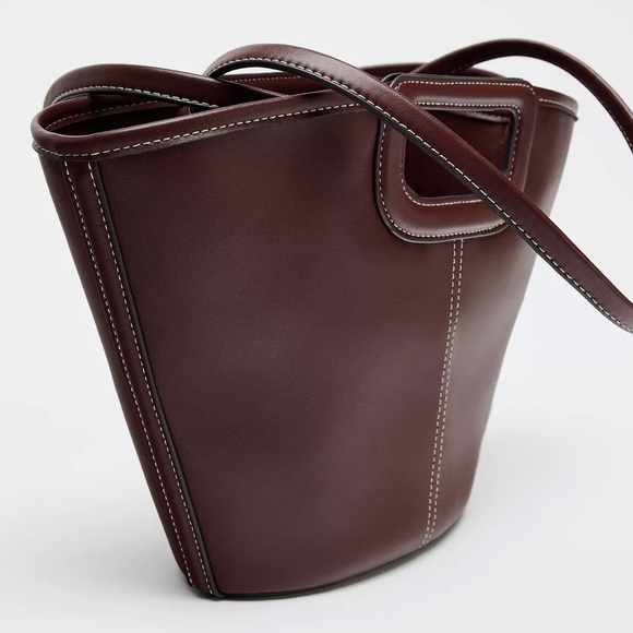 NWT Zara Topstitched Shopper Bag Tote Shoulder Brown Burgundy Red New Rare - Picture 2 of 8